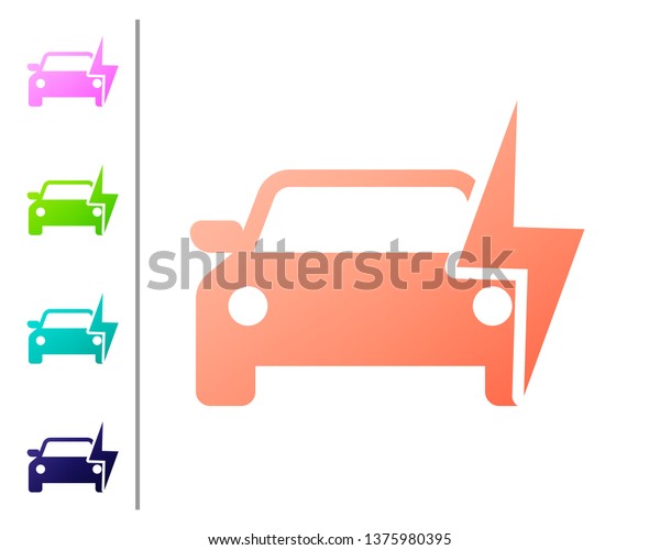 Coral Electric car and\
electrical cable plug charging icon isolated on white background.\
Renewable eco technologies. Set icon in color buttons. Vector\
Illustration