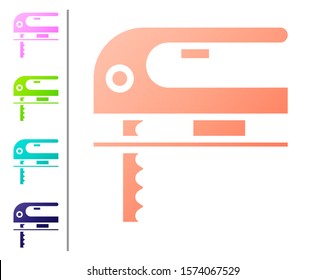 Coral Electric jigsaw with steel sharp blade icon isolated on white background. Power tool for woodwork. Set color icons. Vector Illustration