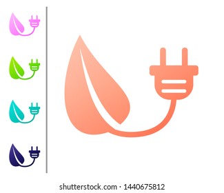 Coral Electric saving plug in leaf icon isolated on white background. Save energy electricity icon. Environmental protection icon. Bio energy. Set color icons. Vector Illustration