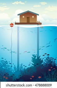 Coral Farm - House On Stilts And Colorful Coral Reef With School Of Fish On A Sea Background. Vector Environment Illustration. Save The Corals And Underwater Creatures.