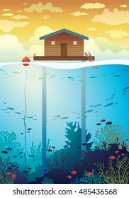 Coral farm - house on stilts and colorful coral reef with school of fish on a sea background. Vector environment illustration. Save the corals and underwater creatures.