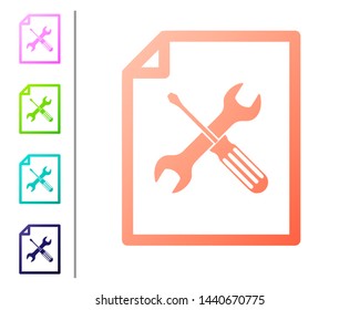 Coral File document with screwdriver and wrench icon isolated on white background. Adjusting, service, setting, maintenance, repair, fixing. Set color icons. Vector Illustration