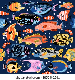 A coral fish seamless pattern with exotic tropical underwater animals. Background of coral reef life. Colorful childish vector illustration. Wrapping, notebooks, labels, accessories-school.