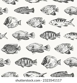 Coral fish seamless pattern with hand drawn fish types. Sea life background, ocean texture, underwater nature design.