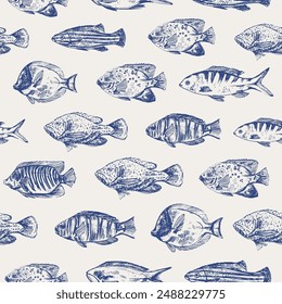 Coral fish seamless pattern with hand drawn fish types. Sea life background, ocean texture, underwater nature design.