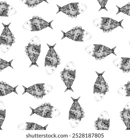 Coral fish seamless pattern with hand drawn fish types. Sea life background, ocean texture, underwater nature design.
