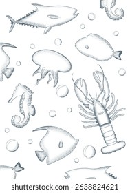 Coral fish seamless pattern with hand drawn fish types. Sea life background, ocean texture, underwater nature design.