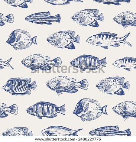 Coral fish seamless pattern with hand drawn fish types. Sea life background, ocean texture, underwater nature design.