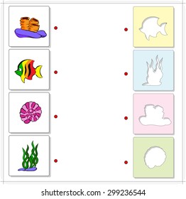 Coral, fish, seaweed, shell. Educational game for kids about sea and ocean floor. Choose the correct silhouettes on the opposite side and connect the points