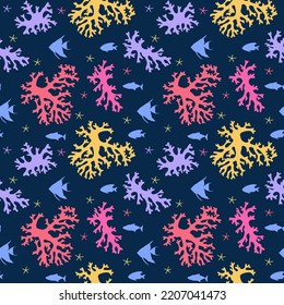 Coral and fish silhouettes colorful pattern on the dark blue background.