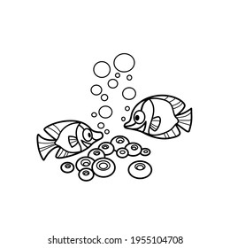 Coral and fishes coloring book linear drawing isolated on white background
