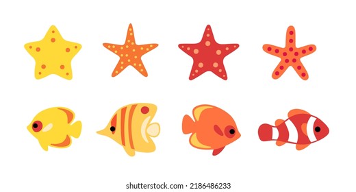 Coral fishes and starfish isolated on white background. Clown fish, butterfly fish, and yellow coral fish. Vector illustration in colorful style.