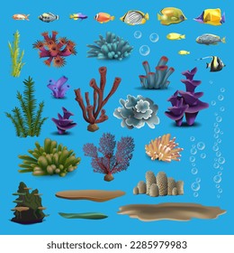 Coral and fishes. Underwater flora fauna sea water seaweeds aquarium, kelp and corals. Ocean vector color set. Vector illustration