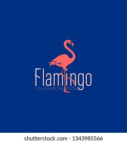 Coral flamingo and the inscription. Logo, emblem. Blue background. The inscription can be used for environmental posters, a thematic site with a place for information.