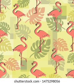 Coral flamingo with tropical leaves. Seamless pattern. Romantic background with tropical birds. Trendy flamingos among tropical foliage and geometric shapes.