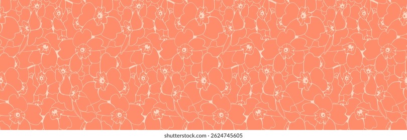 Coral floral seamless pattern.  Elegant, minimalist design featuring delicate line art flowers on a vibrant coral background.
