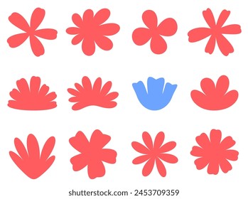 Coral floral silhouettes dominate the composition, with a singular blue bloom adding a dash of cool contrast on a light background.