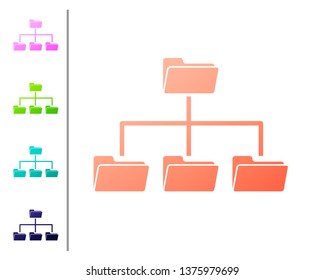 Coral Folder tree icon isolated on white background. Computer network file folder organization structure flowchart. Set color icons. Vector Illustration