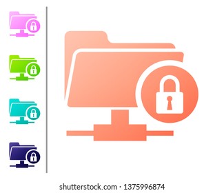 Coral FTP folder and lock icon isolated on white background. Concept of software update, ftp transfer protocol. Security, safety, protection concept. Set color icons. Vector Illustration