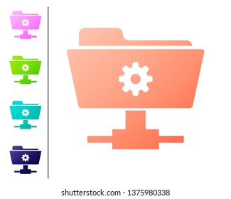 Coral FTP settings folder icon on white background. Concept of software update, transfer protocol, router, teamwork tool management, copy process. Set icon in color buttons. Vector Illustration