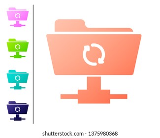 Coral FTP sync refresh icon on white background. Concept of software update, transfer protocol, router, teamwork tool management, copy process. Set icon in color buttons. Vector Illustration