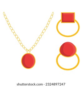 Coral Gemstone Necklace And Rings  Set Vector Illustration