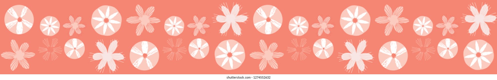 Coral geometric daisy flowers. Hand drawn seamless vector border. Banner ribbon with peach white floral circles. Illustration for textiles and paper washi tape.
