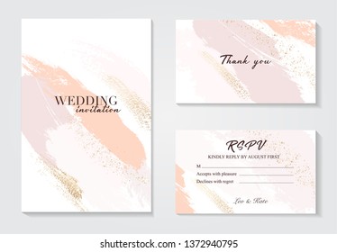 Coral gold greeting brush strokes wedding decoration. Vector glitter orange sparkling background. Watercolor spring hand-drawn design 