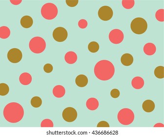 Coral and gold polka dots wallpaper pattern. Vector paper texture on a mint green background.