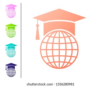 Coral Graduation cap on globe icon isolated on white background. World education symbol. Online learning or e-learning concept. Set icon in color buttons. Vector Illustration