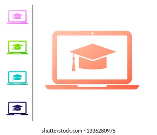 Coral Graduation cap on screen laptop icon isolated on white background. Online learning or e-learning concept. Set icon in color buttons. Vector Illustration