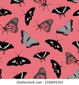 coral and grey seamless vector background with elements of butterflies. Perfect for fabric, invitations, gift wrapping paper, wall paper, quilting, scrapbooking, home decor and projects