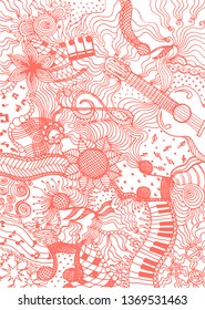 Coral hand drawn music pattern with different elements in doodle style on white background. Backdrop vector illustration