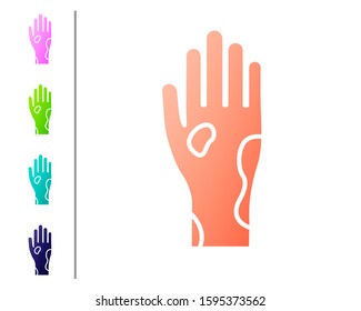 Coral Hand with psoriasis or eczema icon isolated on white background. Concept of human skin response to allergen or chronic body problem. Set color icons. Vector Illustration
