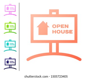Coral Hanging sign with text Open house icon isolated on white background. Signboard with text Open house. Set color icons. Vector Illustration