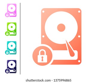 Coral Hard disk drive and lock icon isolated on white background. HHD and padlock. Security, safety, protection concept. Set color icons. Vector Illustration