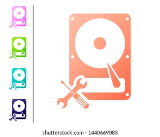 Coral Hard disk drive with screwdriver and wrench icon isolated on white background. Adjusting, service, setting, maintenance, repair, fixing. Set color icons. Vector Illustration