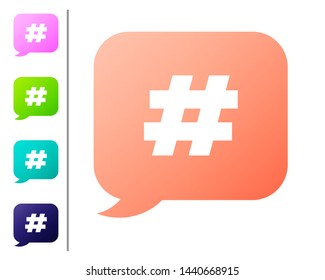 Coral Hashtag speech bubble icon isolated on white background. Concept of number sign, social media marketing, micro blogging. Set color icons. Vector Illustration
