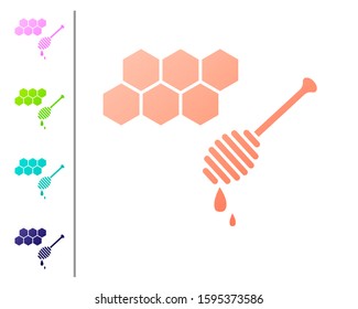 Coral Honeycomb with honey dipper stickicon isolated on white background. Honey ladle. Honey cells symbol. Sweet natural food. Set color icons. Vector Illustration