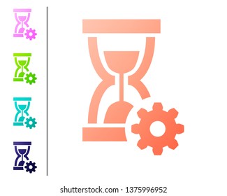 Coral Hourglass and gear icon isolated on white background. Time Management symbol. Clock and gear icon. Productivity symbol. Set color icons. Vector Illustration