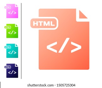 Coral HTML file document. Download html button icon isolated on white background. HTML file symbol. Markup language symbol. Set color icons. Vector Illustration