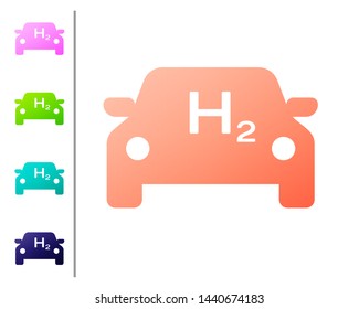 Coral Hydrogen car icon isolated on white background. H2 station sign. Hydrogen fuel cell car eco environment friendly zero emission. Set color icons. Vector Illustration