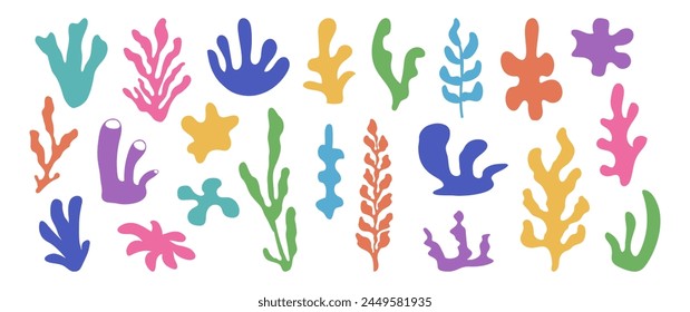 Coral icon, seaweed. Abstract organic shape, underwater plant, matisse element, cute colorful sea doodle. Cartoon marine floral collage isolated on white background. Minimal vector illustration