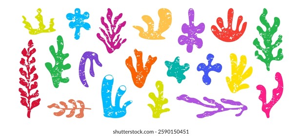 Coral icon, seaweed colorful set. Underwater plant, cartoon organic shape, cute sea doodle. Marine floral collage isolated on white background. Tropical vector illustration