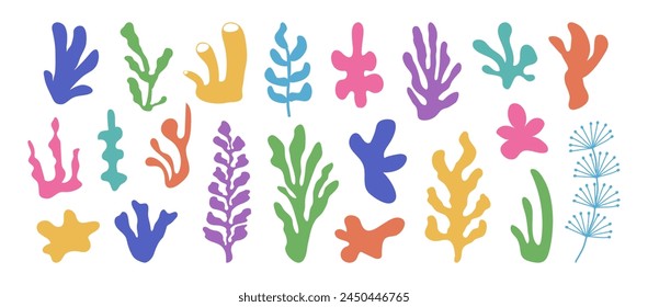 Coral icon, seaweed set. Abstract organic shape, underwater plant, matisse element, cute colorful sea doodle. Cartoon marine floral collage isolated on white background. Simple vector illustration