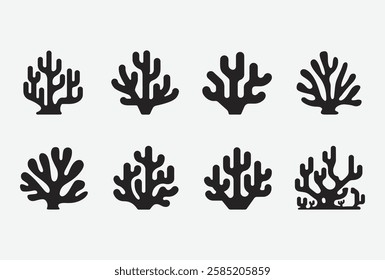 Coral Icon Set. Coral Silhouette Collection. Underwater Coral Vector Set. Sea Coral Icon Pack. Marine Corals Silhouette Designs.