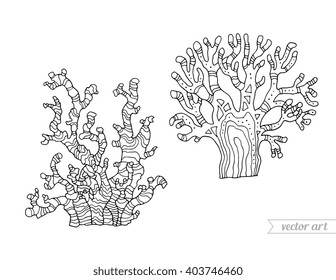 Coral isolated, coral reef. Vector set collection. Zentangle coral. Coloring book page for adult. Hand drawn artwork. Coral reef concept, ocean coral for card, ticket, branding logo label. Black white