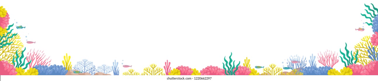 Coral isolated set many colors and many styles. Underwater coral reef landscape wide banner.in the deep white with colorful fish and marine life. Design for the concept of marine eco-tourism.