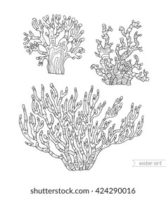 Coral isolated. Vector set collection. Zentangle. Coloring book page for adult. Hand drawn artwork. Coral reef concept, ocean animals for card, branding logo label. Black and white line, monochrome