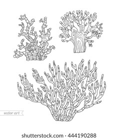 Coral isolated. Vector set collection. Zentangle. Coloring book page for adult. Hand drawn artwork. Coral reef concept, ocean animals for card, branding logo label. Black line